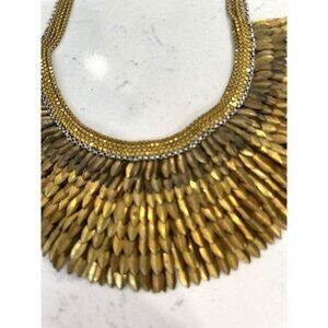 Bold Tribal Statement Necklace Gold Brass Feather Fringe Collar Boho Chic
